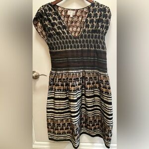 Vintage M.S.P.P. Max Studio Black and Tan Patterned Midi Dress / Size: Large